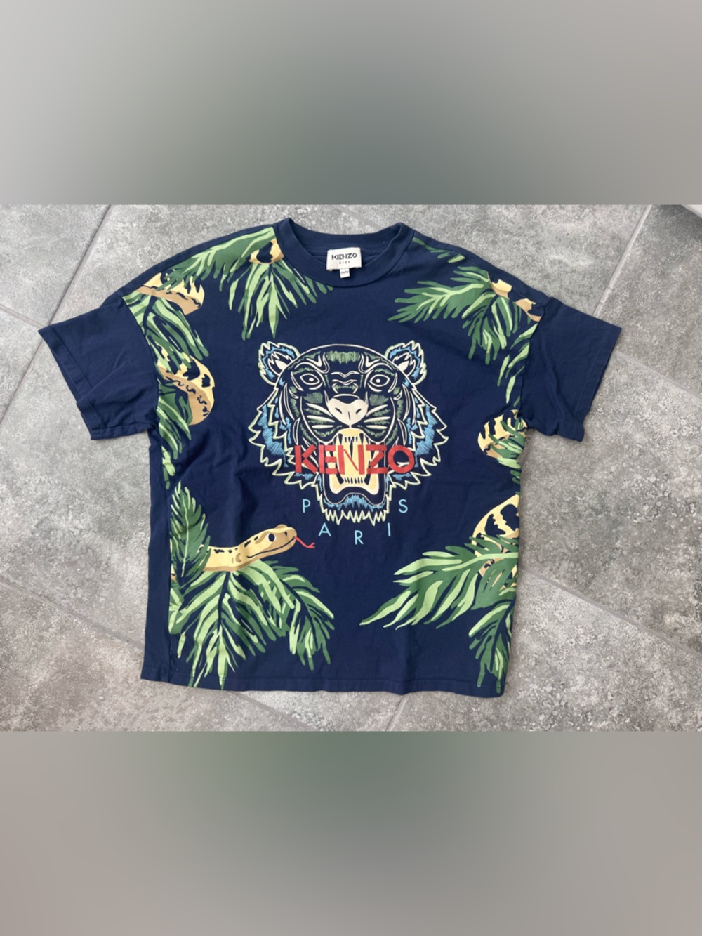 Kenzo iconic tiger logo with snakes jungle blue navy tee kids size 12